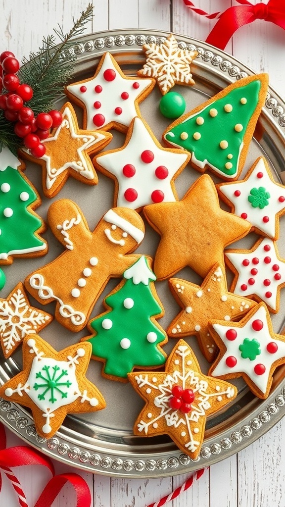 A silver platter filled with beautifully decorated gingerbread cookies in various shapes, including stars, trees, and snowflakes, with colorful royal icing.