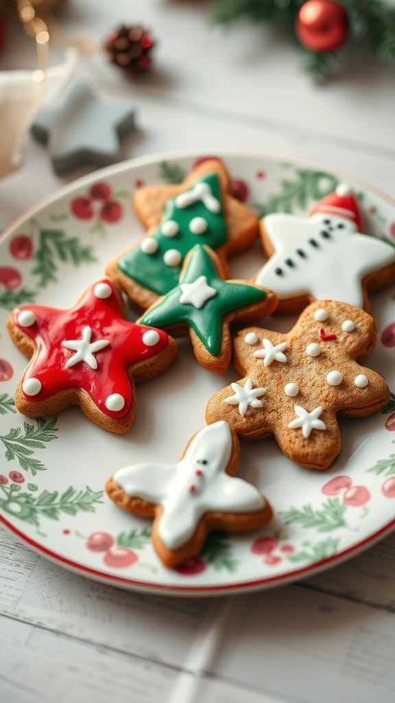 A plate of decorated gingerbread cookies in festive shapes like stars and snowmen.