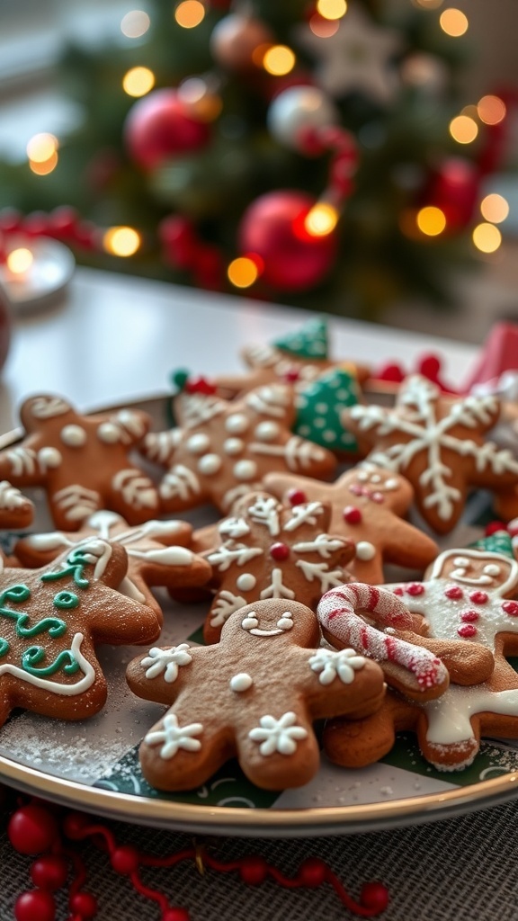 A plate of beautifully decorated gingerbread cookies in various shapes, with a Christmas tree in the background.