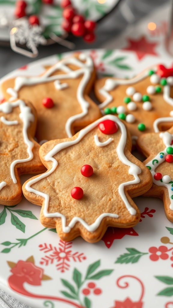 A plate of decorated gingerbread cookies shaped like Christmas trees and stars, featuring royal icing and colorful candies.