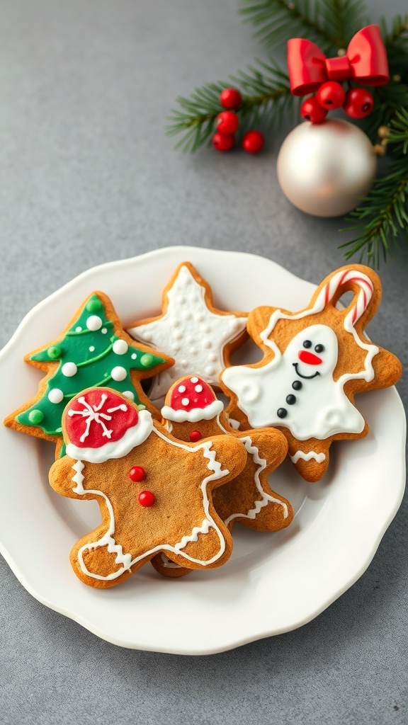 A plate of decorated gingerbread cookies in festive shapes, surrounded by holiday decorations.