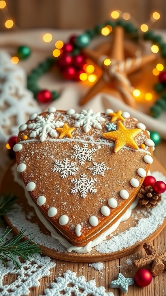 A beautifully decorated gingerbread heart cake with snowflakes and stars, perfect for Valentine's Day.