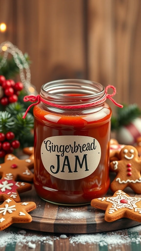 A jar of gingerbread jam surrounded by gingerbread cookies and festive decorations.