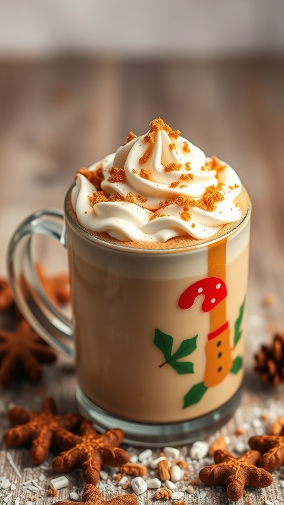 A festive gingerbread latte mocktail topped with whipped cream and gingerbread crumbs in a decorated mug.