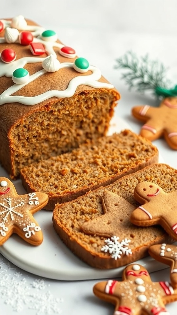 A gingerbread loaf decorated with icing and surrounded by gingerbread cookies.