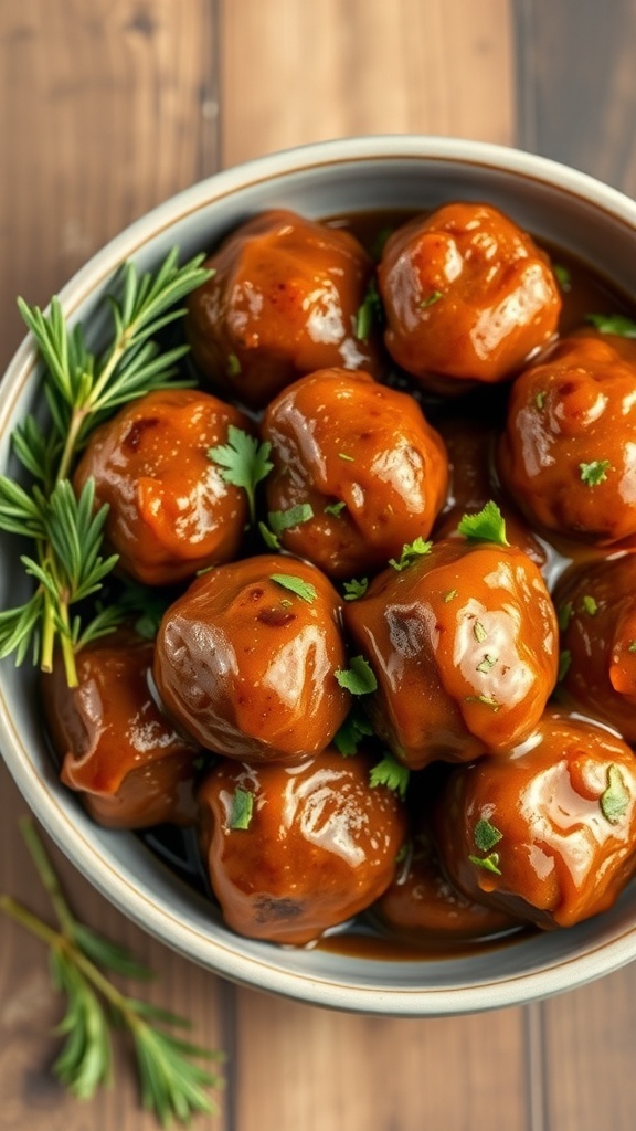 A bowl of gingerbread meatballs in a rich sauce garnished with herbs.
