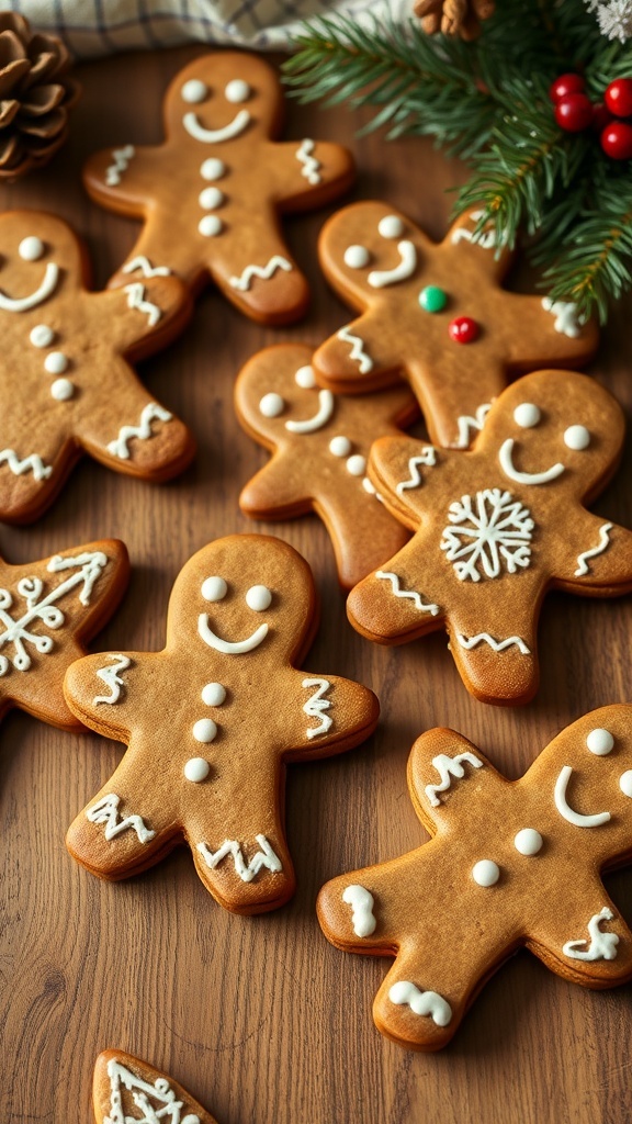 A collection of gingerbread men cookies decorated with icing and colorful candies.