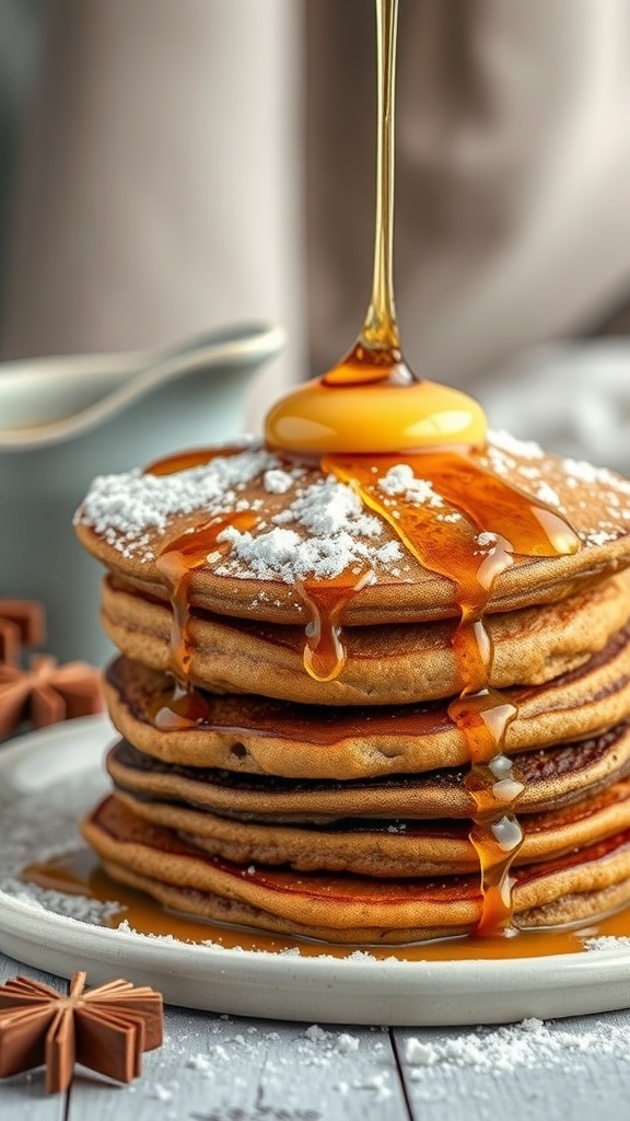 A stack of gingerbread pancakes drizzled with syrup and dusted with powdered sugar.