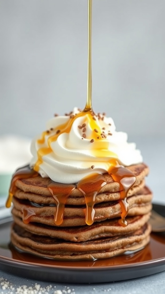 Stack of gingerbread pancakes topped with whipped cream and maple syrup