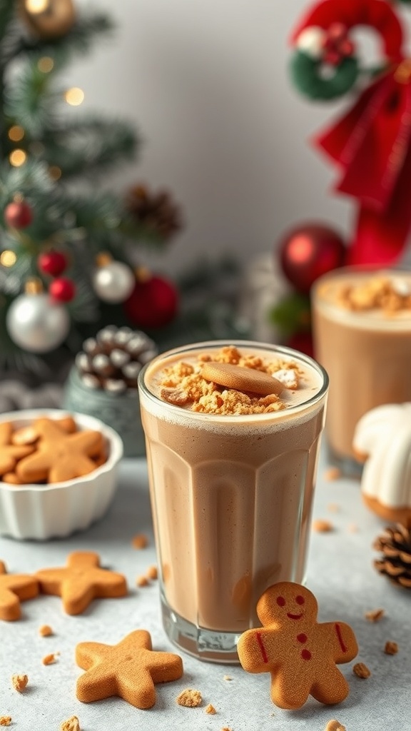 A festive gingerbread smoothie topped with crushed cookies, surrounded by gingerbread shapes and holiday decorations.