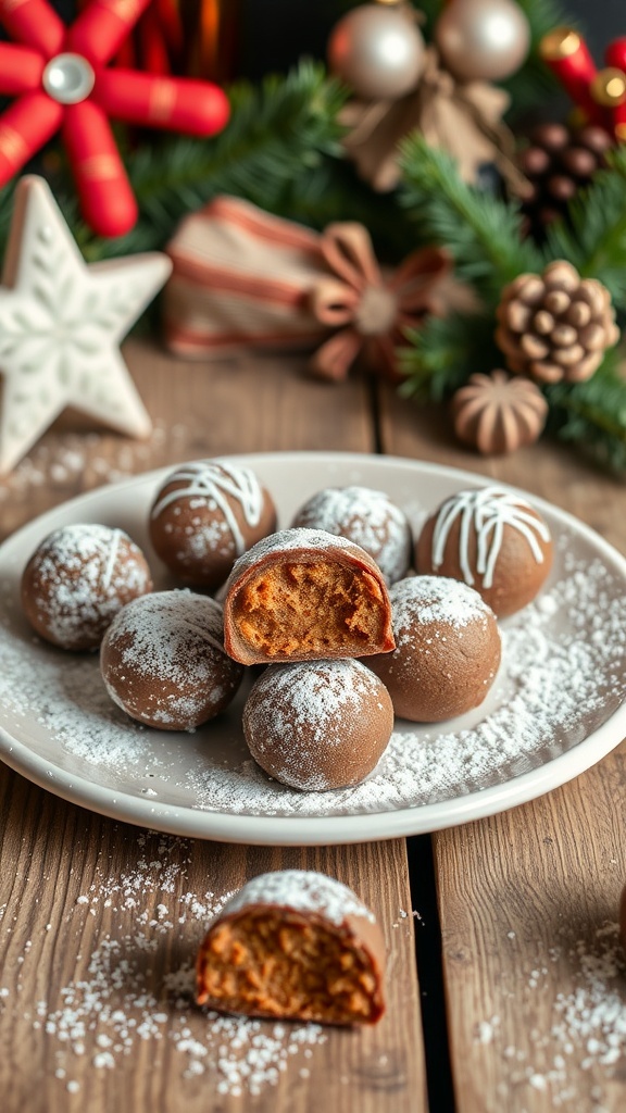 A plate of gingerbread truffles dusted with powdered sugar and drizzled with white chocolate, surrounded by festive decorations.