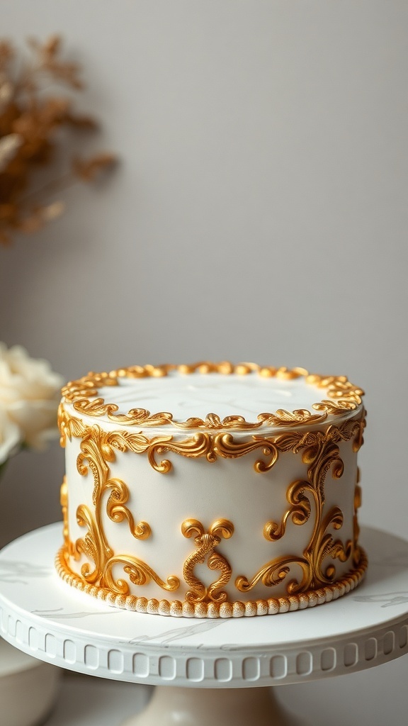 A beautifully decorated cake with gold leaf accents