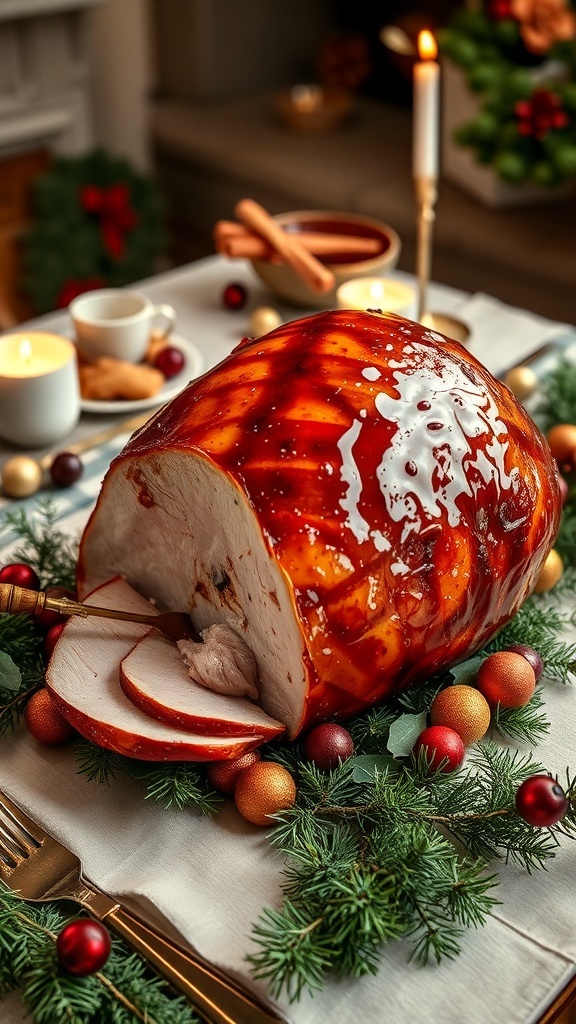 A beautifully glazed honey ham on a festive table, surrounded by decorations and candles.