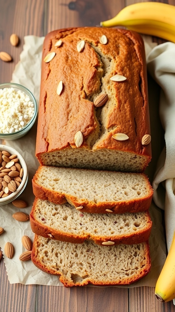 A loaf of gluten-free banana bread on a wooden board, with bananas and almonds around it.