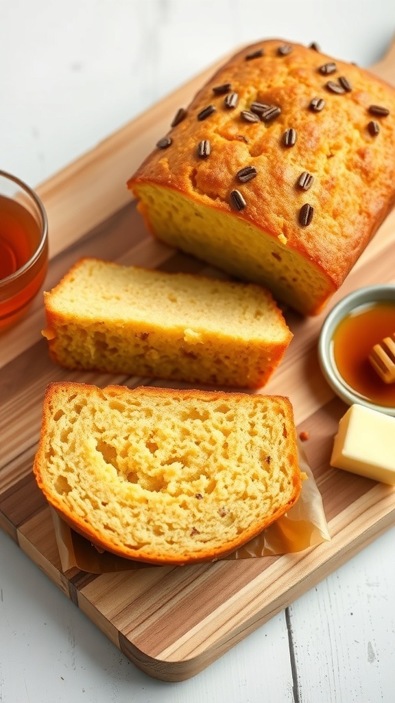 A loaf of gluten-free cornbread sliced on a wooden board with honey and butter on the side.