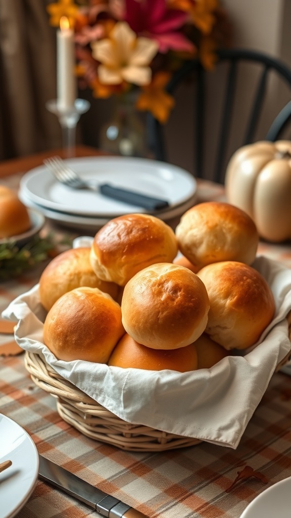 A basket filled with golden-brown gluten-free dinner rolls, ready for Thanksgiving dinner.
