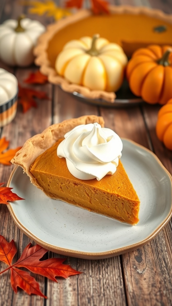A slice of gluten-free pumpkin pie topped with whipped cream, surrounded by decorative pumpkins and autumn leaves.