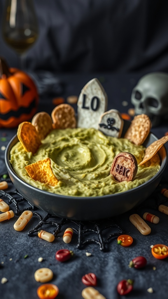 A bowl of guacamole decorated with tombstone-shaped crackers and spooky candies, set against a Halloween backdrop.