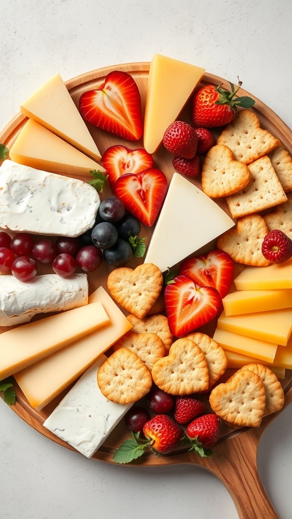 A gourmet cheese board featuring various cheeses, fresh fruits, and heart-shaped crackers.