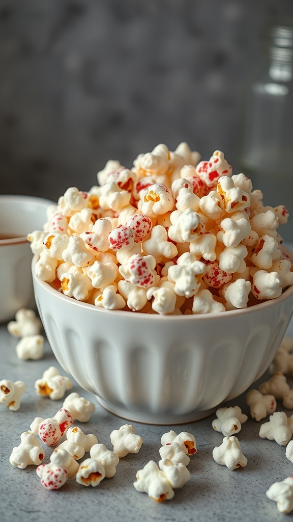 A bowl of gourmet popcorn with colorful toppings, surrounded by scattered popcorn on a gray surface.