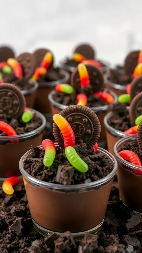 Graveyard pudding cups with chocolate pudding, crushed Oreos, and gummy worms