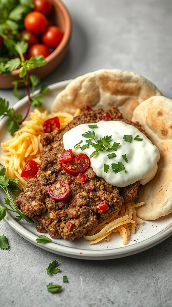 A plate of Greek meatloaf with tzatziki sauce, spaghetti, and pita bread, garnished with fresh herbs and tomatoes.