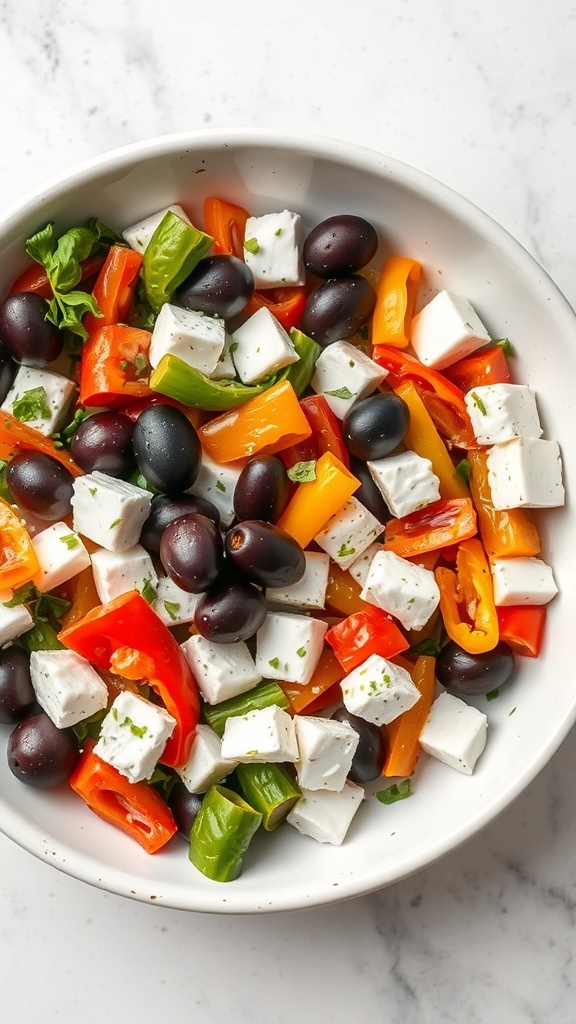 A bowl of Greek salad with feta cheese, olives, and colorful bell peppers.
