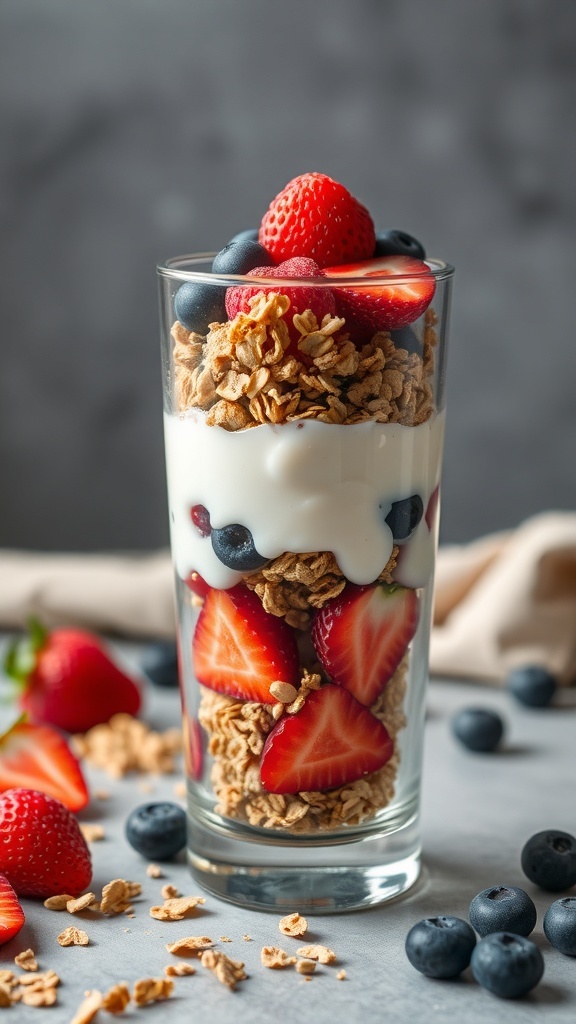 A glass filled with layers of Greek yogurt, granola, and fresh strawberries and blueberries.
