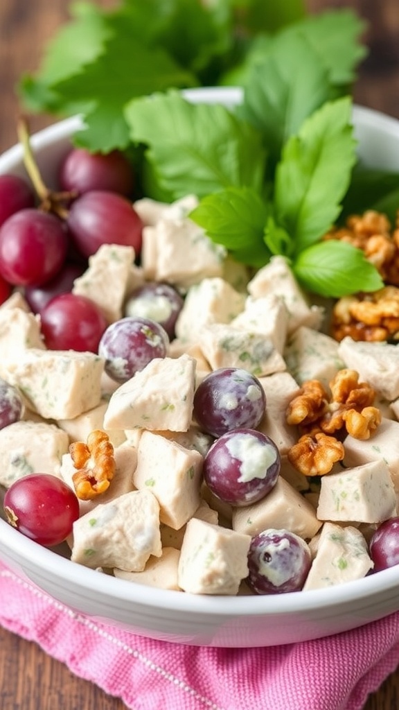 A bowl of Greek Yogurt Chicken Salad with chicken, grapes, walnuts, and green onions.