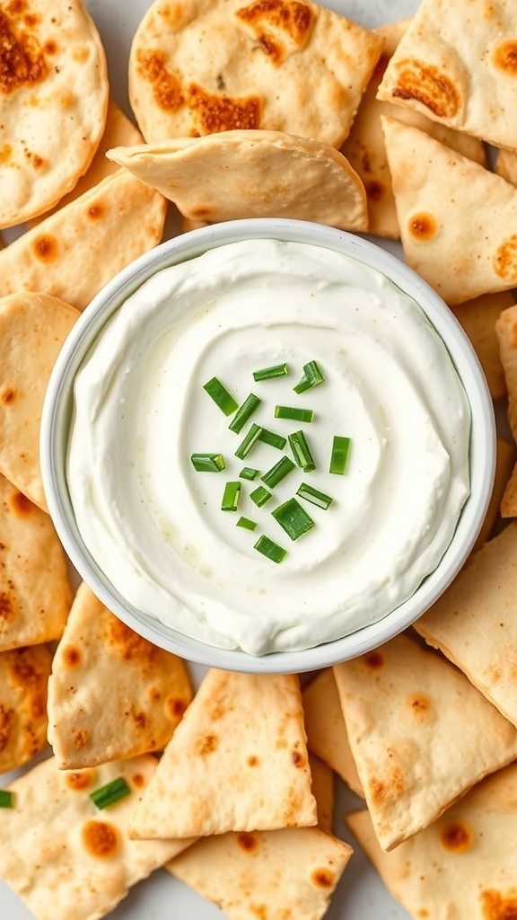 A bowl of Greek yogurt dip topped with chopped chives, surrounded by crispy pita chips.