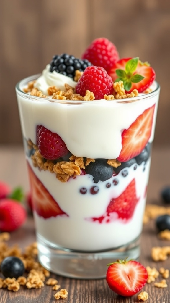 A Greek yogurt parfait with layers of yogurt, berries, and granola in a glass