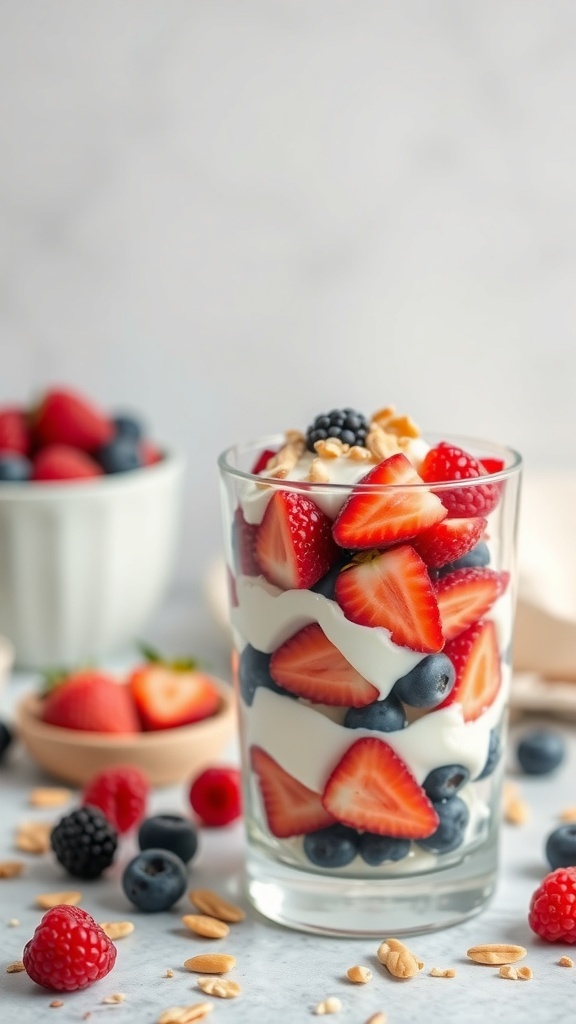 A glass of Greek yogurt parfait layered with strawberries, blueberries, and raspberries, topped with nuts.