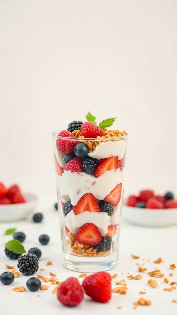 A glass of Greek yogurt parfait layered with strawberries, blueberries, blackberries, and granola, garnished with mint leaves.