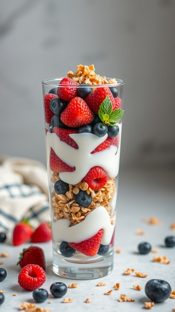 A glass of Greek yogurt parfait with layers of yogurt, blueberries, raspberries, and granola, garnished with mint.