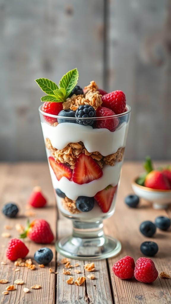 A glass of Greek yogurt parfait layered with strawberries, blueberries, raspberries, and granola, garnished with a mint leaf.