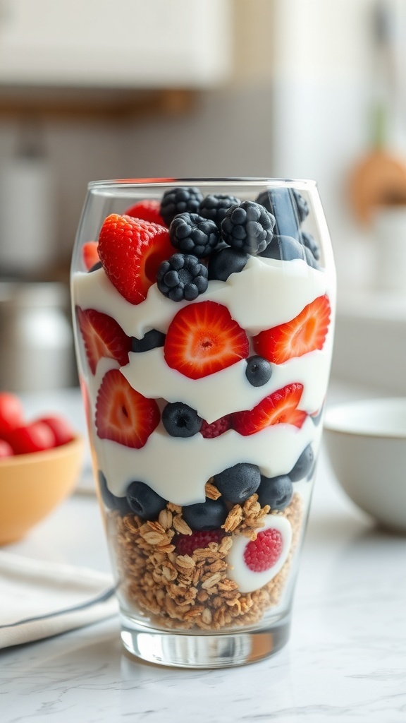 A delicious Greek yogurt parfait layered with strawberries, blueberries, blackberries, and granola in a clear glass.