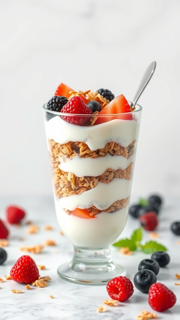 A Greek yogurt parfait with layers of granola and fresh berries in a glass.