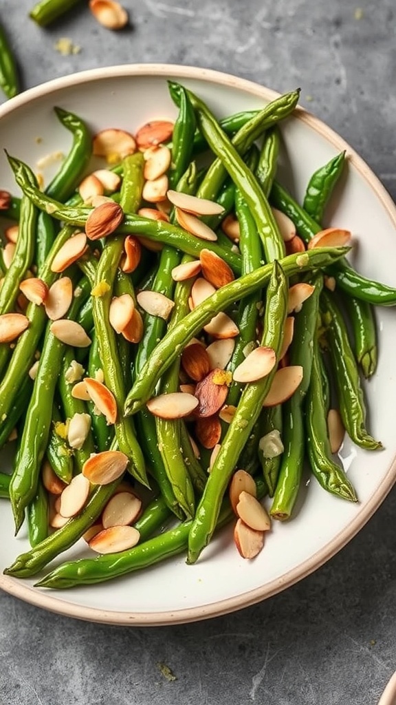 A plate of green beans garnished with toasted almonds