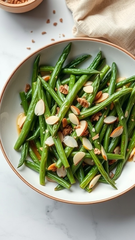 A bowl of green bean almondine with sliced almonds on top
