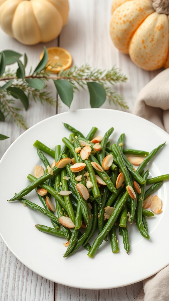 A plate of green beans with sliced almonds, garnished with lemon and greenery.