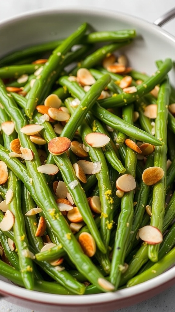A bowl of green beans tossed with sliced almonds, showcasing a healthy Thanksgiving side dish.