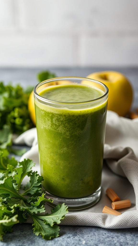A glass of green detox smoothie with kale and apples
