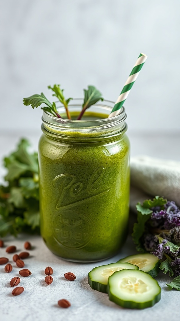 A green detox smoothie in a jar with a straw, surrounded by cucumber slices and leafy greens.