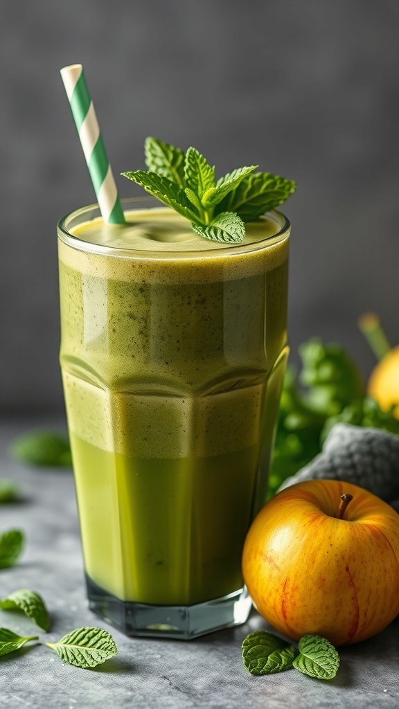 A refreshing green detox smoothie in a tall glass with a straw, garnished with mint leaves, alongside a fresh apple.