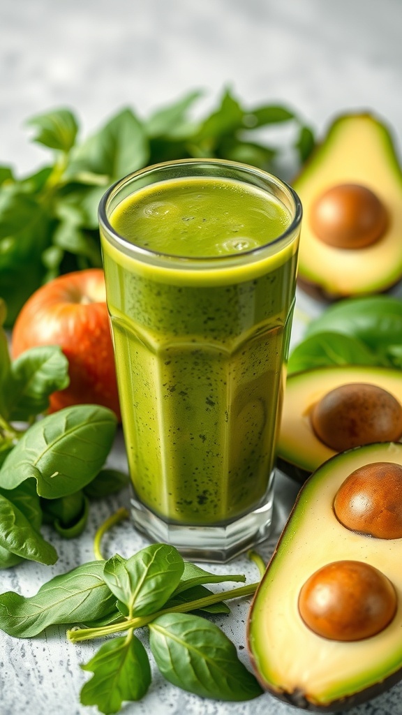 A green detox smoothie in a glass, surrounded by spinach, avocado, and an apple.