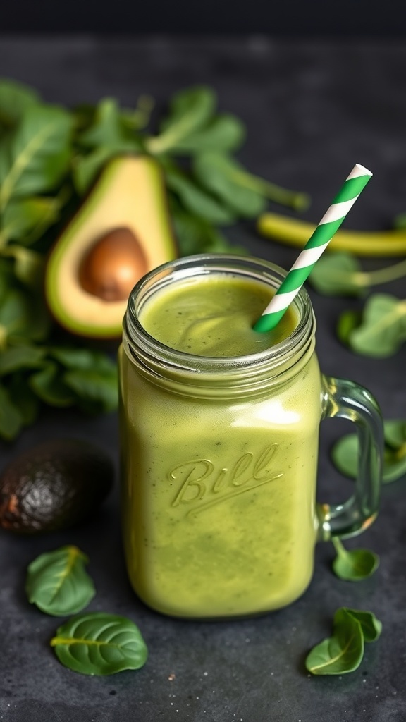 A green smoothie in a mason jar with a green and white striped straw, surrounded by fresh spinach and avocado.