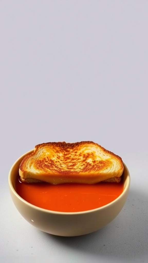 A grilled cheese sandwich resting on top of a bowl of tomato soup.