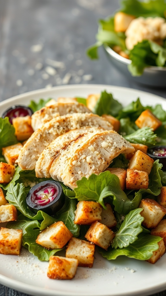 A delicious Grilled Chicken Caesar Salad with sliced grilled chicken, croutons, and greens.
