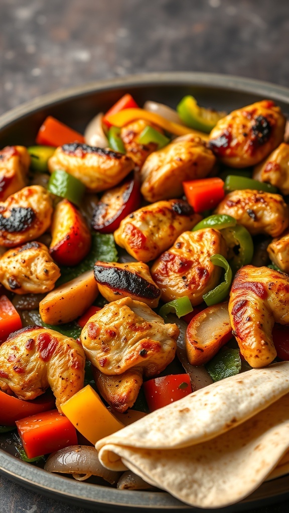 A plate of grilled chicken fajitas with colorful bell peppers and onions, served with tortillas.