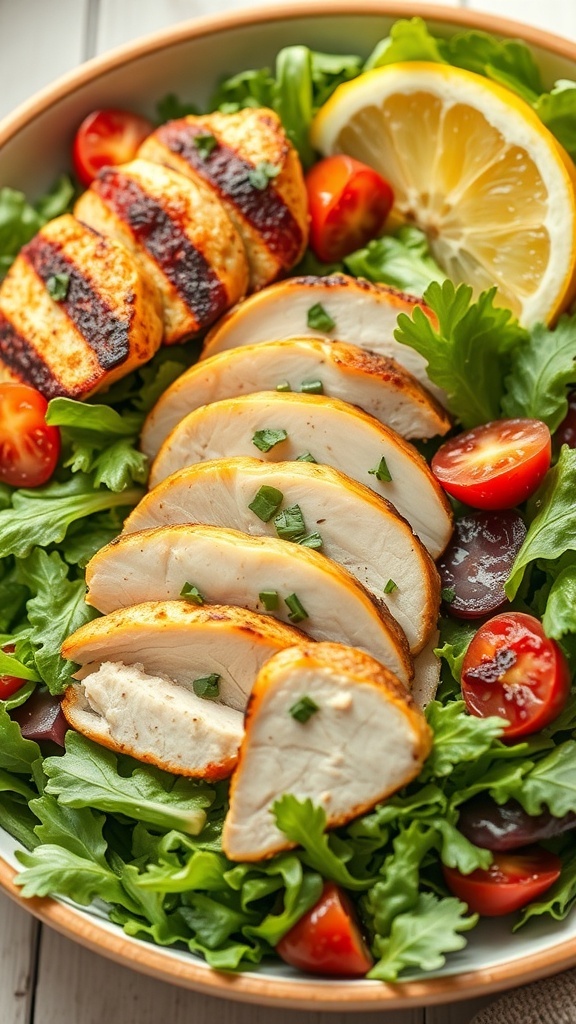 A bowl of grilled chicken salad with sliced grilled chicken, cherry tomatoes, and a lemon wedge on a bed of greens.